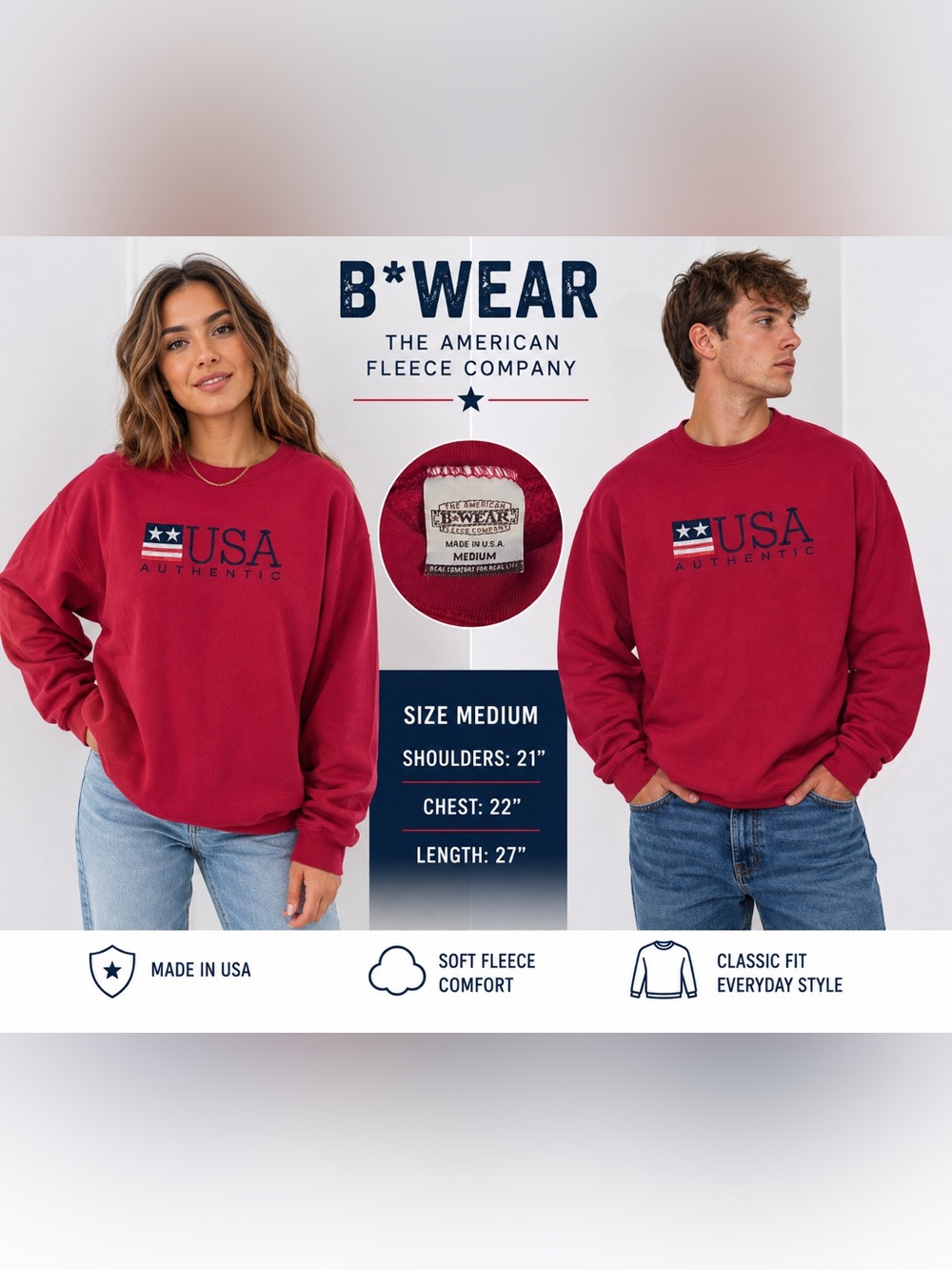 B*WEAR USA Authentic Crewneck Sweatshirt Medium Made in USA Red Vintage